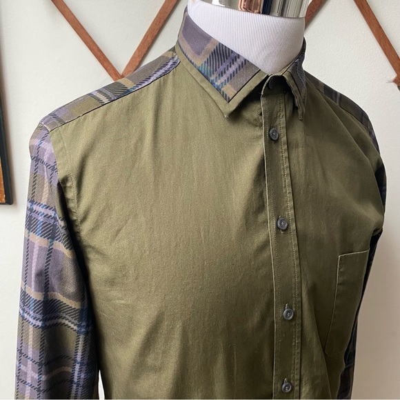 Givenchy Paris Plaid Sleeve Designer Button Up Olive Green Shirt Medium - Picture 11 of 16